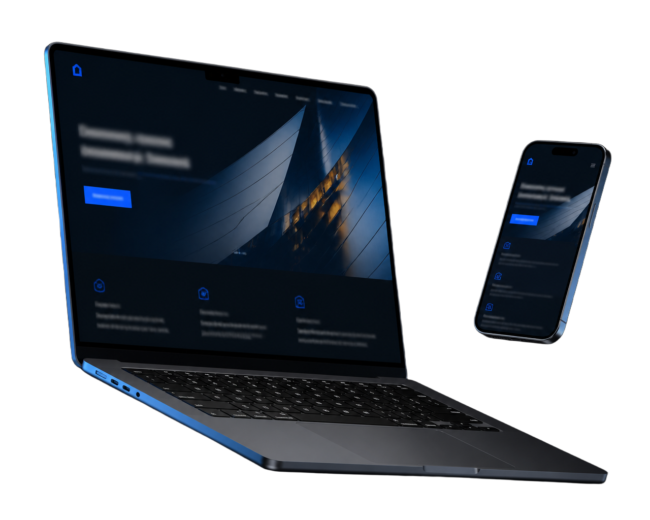 Mockup de notebook e smartphone exibindo um site empresarial moderno